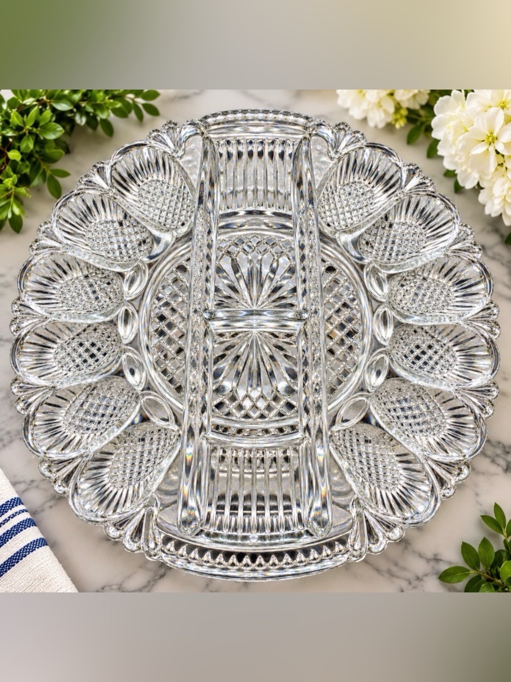 Vintage Cut Crystal Deviled Egg Platter Floral Petal Design Serving Tray